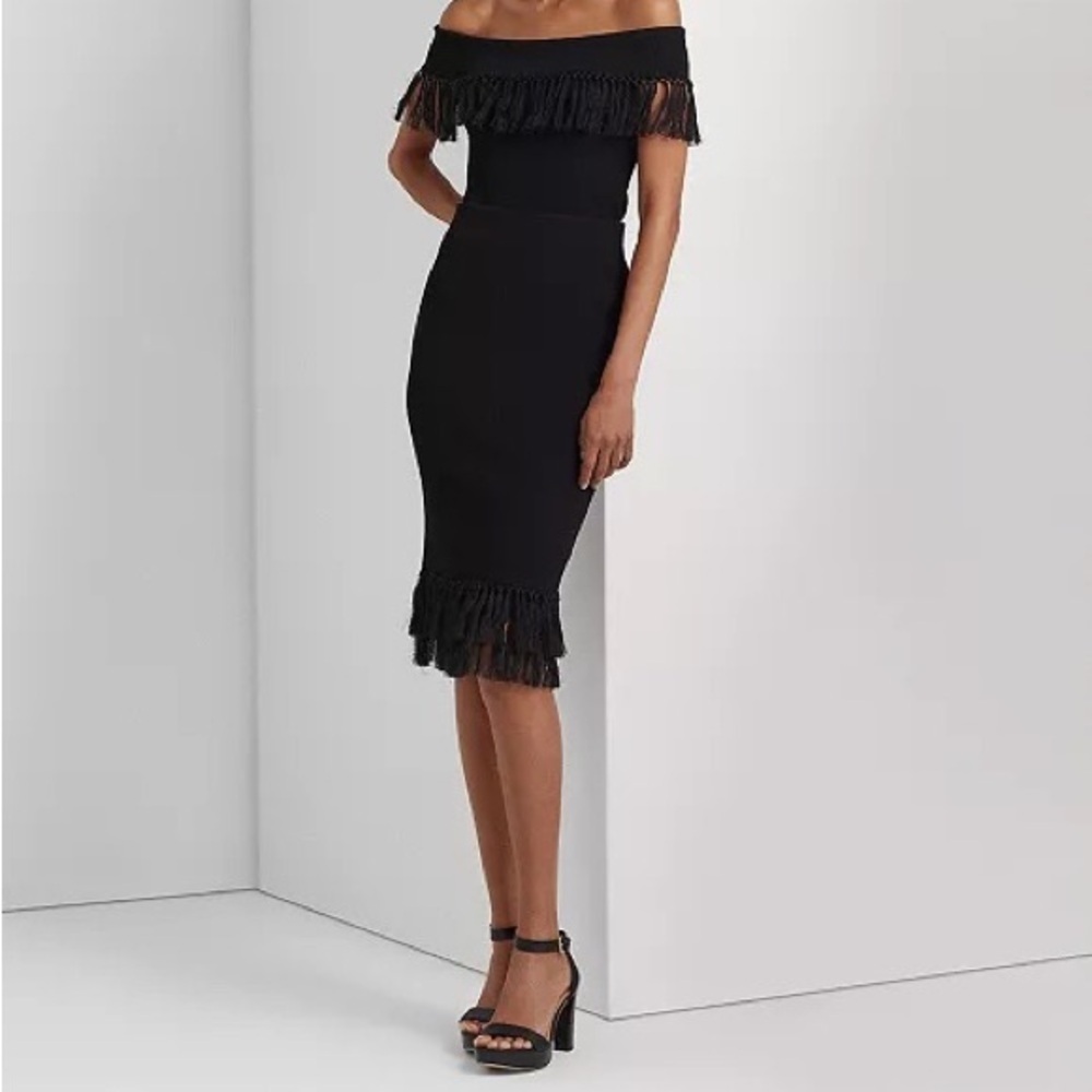 nwt $225 Lauren Ralph Lauren Rib-Knit Pencil Skirt with Fringe-Trim Black Small - Picture 14 of 15